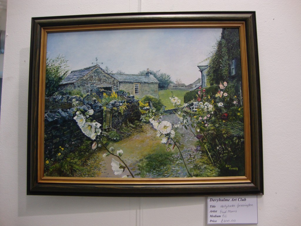 Hollyhocks,Grassington.Enid Morris. Oil